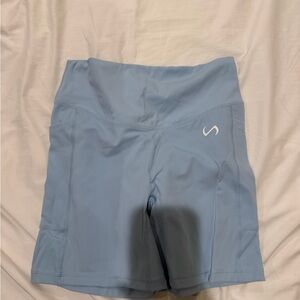 High-Rise Sky Blue Bike Shorts with Side Pockets